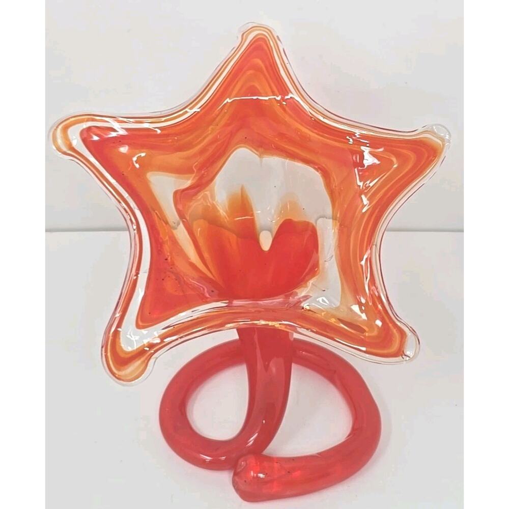 Hand Blown Vintage Star‎ Vase Orange-red 7.75” H 7” W MSC1